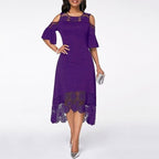 Lace Off Shoulder Cap Sleeve Waist Cutout Scalloped Hem Midi Dress