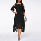 Lace Off Shoulder Cap Sleeve Waist Cutout Scalloped Hem Midi Dress