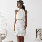Lace Off Shoulder Cap Sleeve Waist Cutout Scalloped Hem Midi Dress