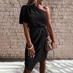 One Shoulder Flutter Sleeve Tie Waist Wrap Tulip Hem Mini Dress