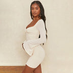 Sweetheart Twist Front Ruched Bell Sleeve Bodycon Mini Dress