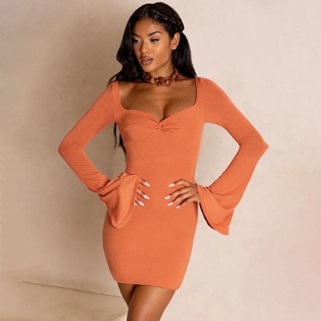 Sweetheart Twist Front Ruched Bell Sleeve Bodycon Mini Dress
