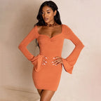 Sweetheart Twist Front Ruched Bell Sleeve Bodycon Mini Dress