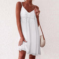 Lace Crochet V-Neck Spaghetti Strap Tassel Fringe Flowy Mini Dress