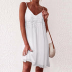 Lace Crochet V-Neck Spaghetti Strap Tassel Fringe Flowy Mini Dress