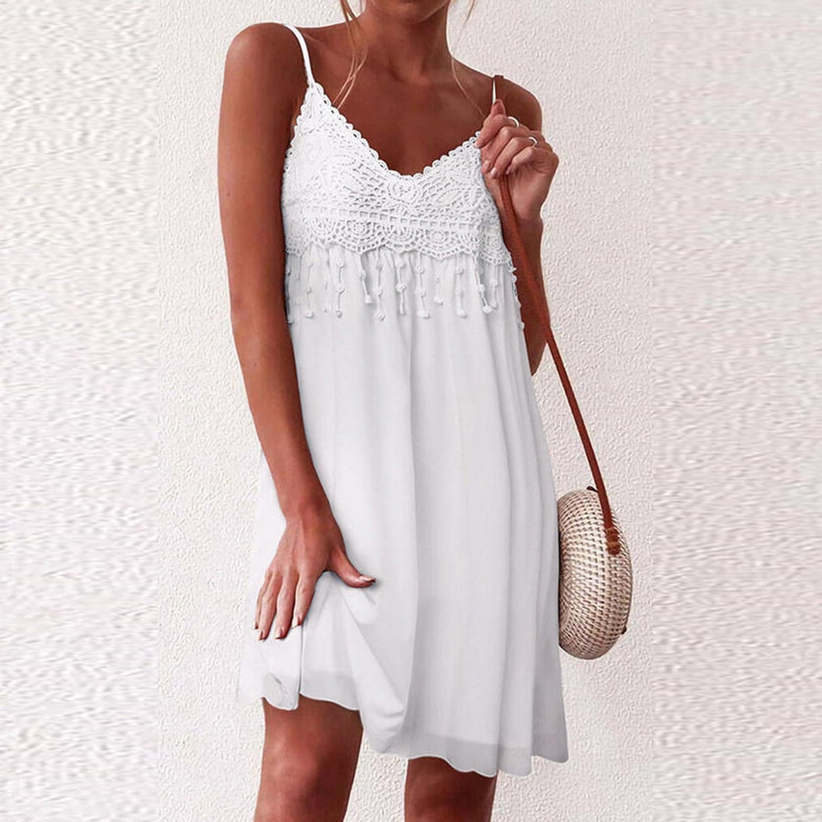 Lace Crochet V-Neck Spaghetti Strap Tassel Fringe Flowy Mini Dress