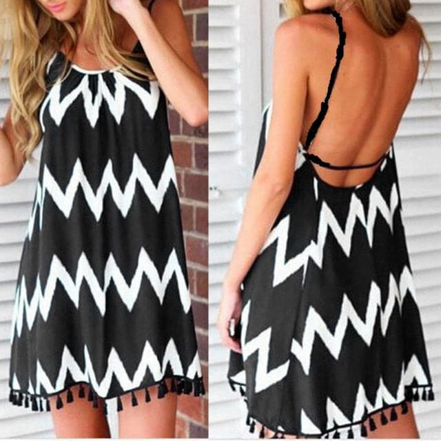 Lace Crochet V-Neck Spaghetti Strap Tassel Fringe Flowy Mini Dress