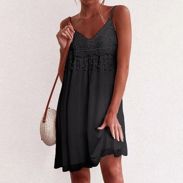 Lace Crochet V-Neck Spaghetti Strap Tassel Fringe Flowy Mini Dress