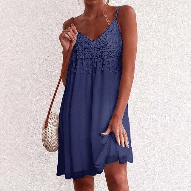 Lace Crochet V-Neck Spaghetti Strap Tassel Fringe Flowy Mini Dress