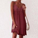 Lace Crochet V-Neck Spaghetti Strap Tassel Fringe Flowy Mini Dress