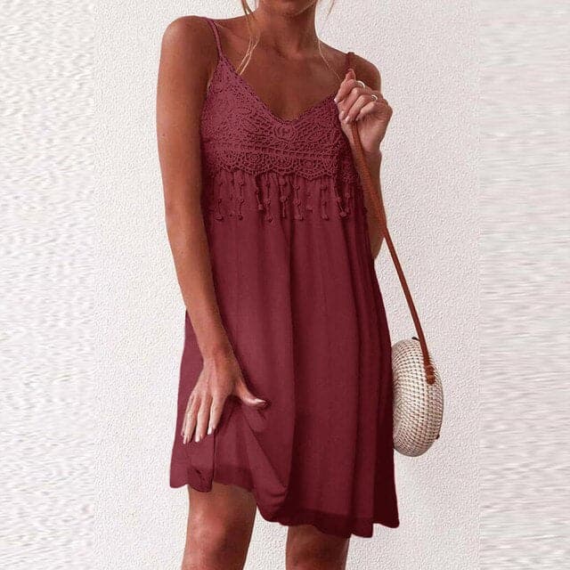 Lace Crochet V-Neck Spaghetti Strap Tassel Fringe Flowy Mini Dress
