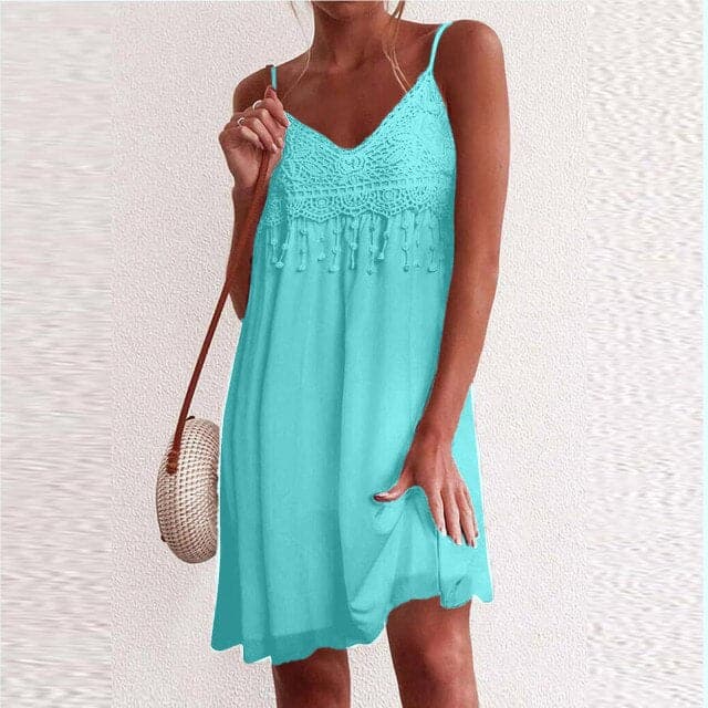 Lace Crochet V-Neck Spaghetti Strap Tassel Fringe Flowy Mini Dress