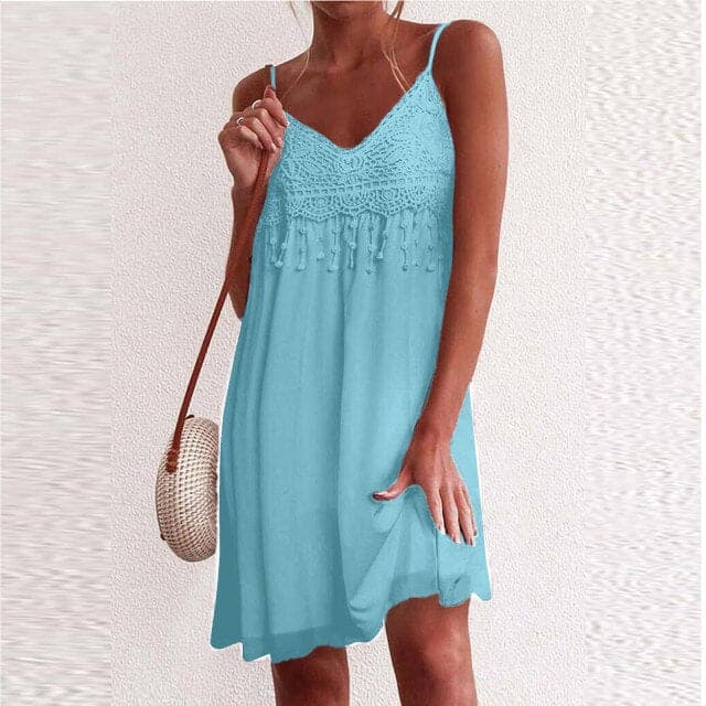 Lace Crochet V-Neck Spaghetti Strap Tassel Fringe Flowy Mini Dress