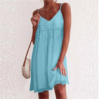 Lace Crochet V-Neck Spaghetti Strap Tassel Fringe Flowy Mini Dress
