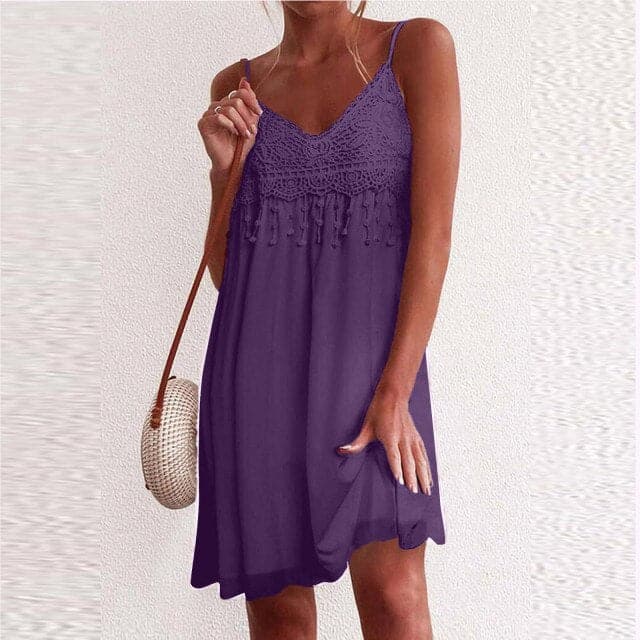 Lace Crochet V-Neck Spaghetti Strap Tassel Fringe Flowy Mini Dress