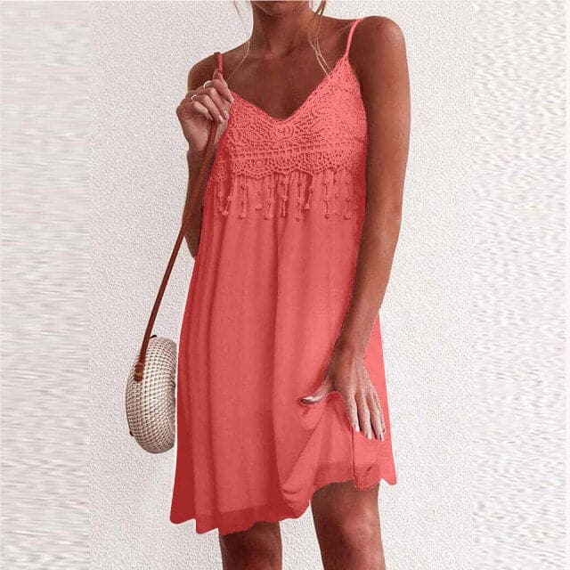 Lace Crochet V-Neck Spaghetti Strap Tassel Fringe Flowy Mini Dress