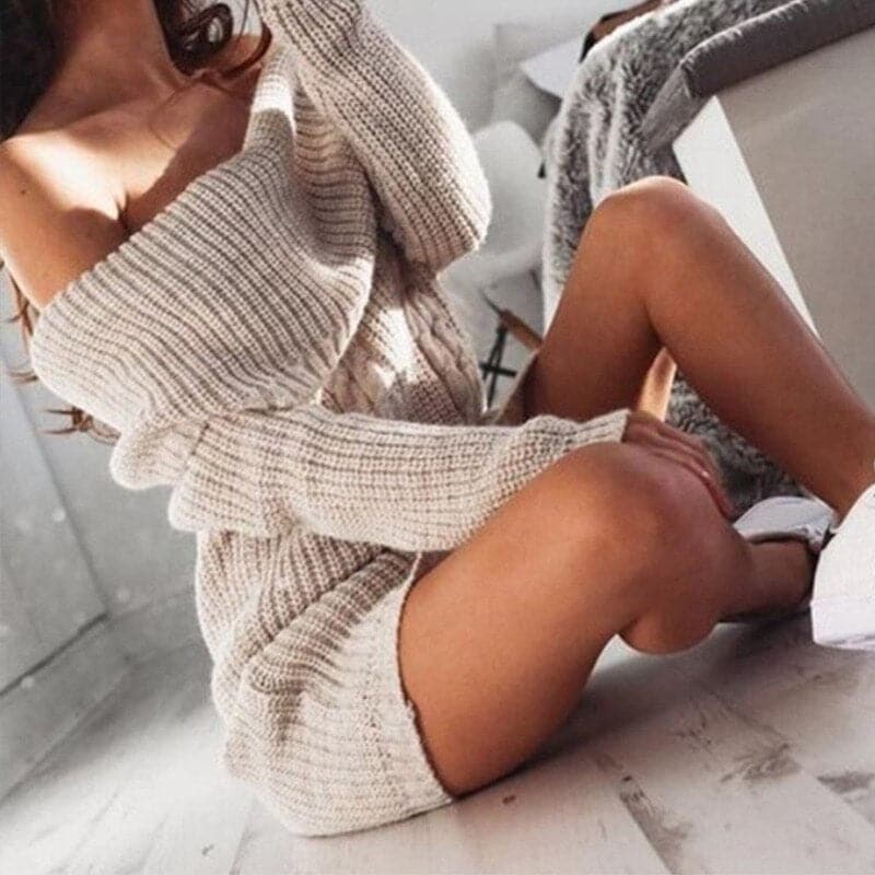 Cable Knit Off Shoulder Oversized Sweater Mini Dress