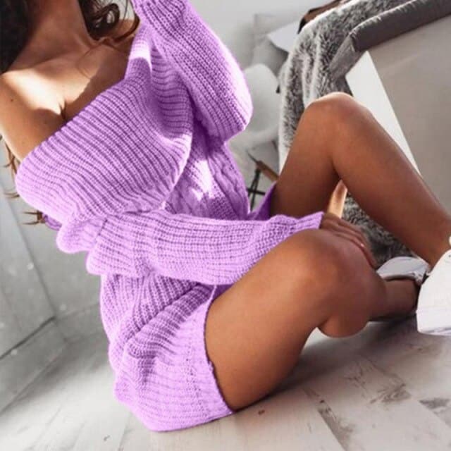 Cable Knit Off Shoulder Oversized Sweater Mini Dress