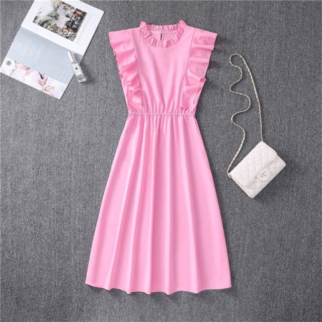 Mock Neck Flutter Ruffle Bodice Speckle Dot Print A-Line Midi Dress