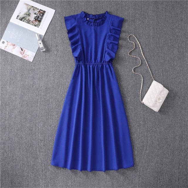 Mock Neck Flutter Ruffle Bodice Speckle Dot Print A-Line Midi Dress