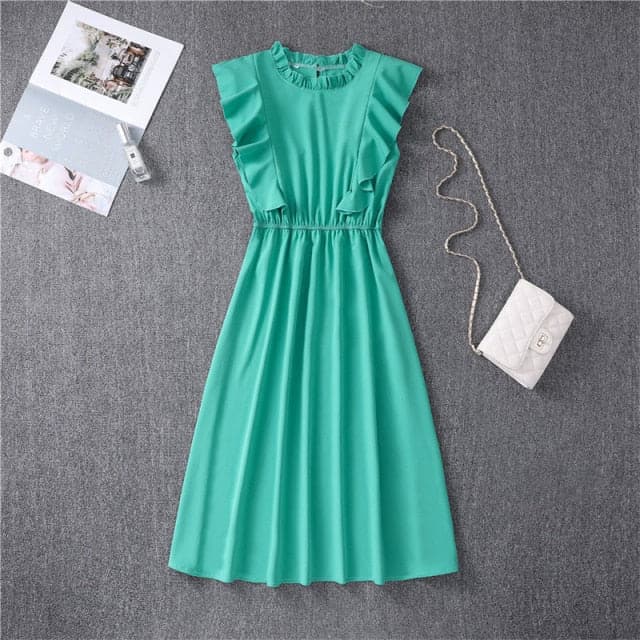 Mock Neck Flutter Ruffle Bodice Speckle Dot Print A-Line Midi Dress