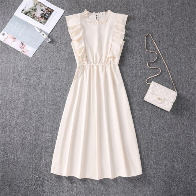 Mock Neck Flutter Ruffle Bodice Speckle Dot Print A-Line Midi Dress