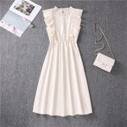 Mock Neck Flutter Ruffle Bodice Speckle Dot Print A-Line Midi Dress