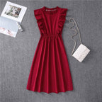 Mock Neck Flutter Ruffle Bodice Speckle Dot Print A-Line Midi Dress