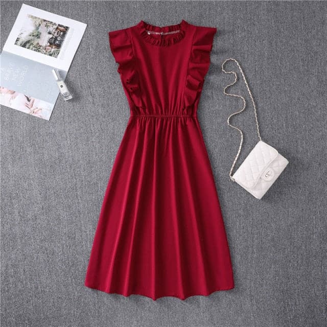 Mock Neck Flutter Ruffle Bodice Speckle Dot Print A-Line Midi Dress
