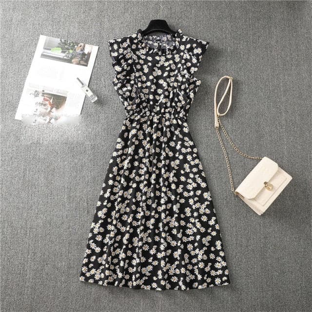 Mock Neck Flutter Ruffle Bodice Speckle Dot Print A-Line Midi Dress
