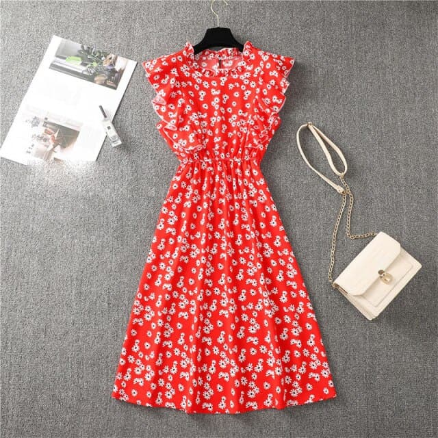 Mock Neck Flutter Ruffle Bodice Speckle Dot Print A-Line Midi Dress