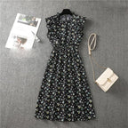 Mock Neck Flutter Ruffle Bodice Speckle Dot Print A-Line Midi Dress