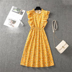 Mock Neck Flutter Ruffle Bodice Speckle Dot Print A-Line Midi Dress