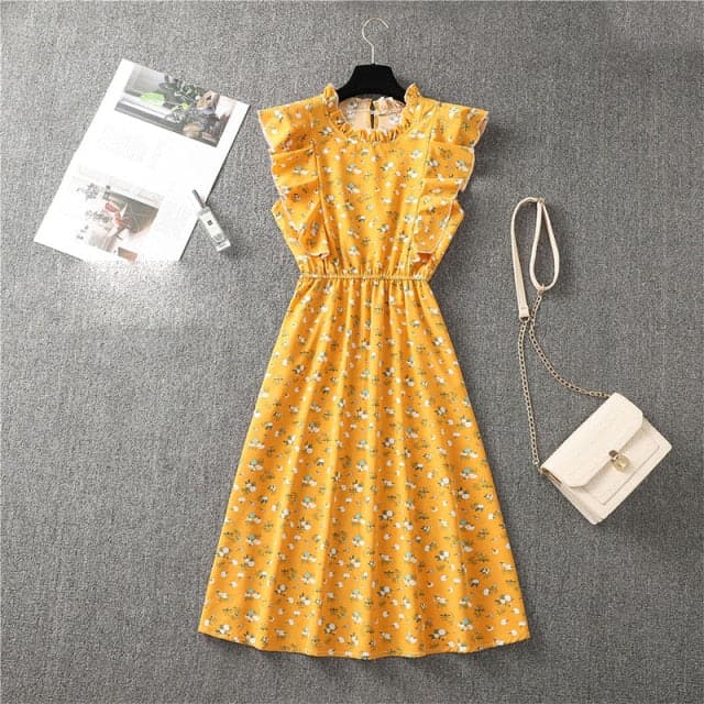Mock Neck Flutter Ruffle Bodice Speckle Dot Print A-Line Midi Dress