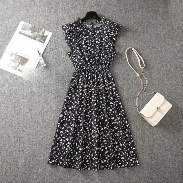 Mock Neck Flutter Ruffle Bodice Speckle Dot Print A-Line Midi Dress