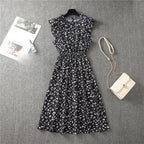 Mock Neck Flutter Ruffle Bodice Speckle Dot Print A-Line Midi Dress