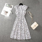 Mock Neck Flutter Ruffle Bodice Speckle Dot Print A-Line Midi Dress