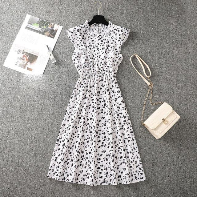 Mock Neck Flutter Ruffle Bodice Speckle Dot Print A-Line Midi Dress