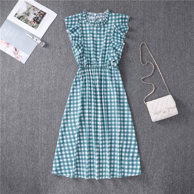 Mock Neck Flutter Ruffle Bodice Speckle Dot Print A-Line Midi Dress