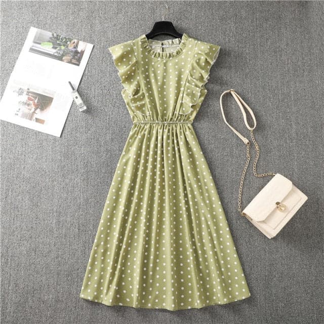Mock Neck Flutter Ruffle Bodice Speckle Dot Print A-Line Midi Dress