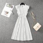 Mock Neck Flutter Ruffle Bodice Speckle Dot Print A-Line Midi Dress