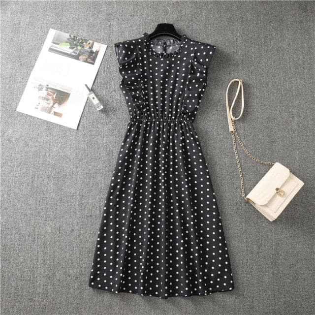 Mock Neck Flutter Ruffle Bodice Speckle Dot Print A-Line Midi Dress