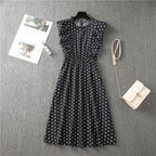 Mock Neck Flutter Ruffle Bodice Speckle Dot Print A-Line Midi Dress