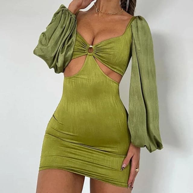 Sweetheart Twist Front Ruched Bell Sleeve Bodycon Mini Dress