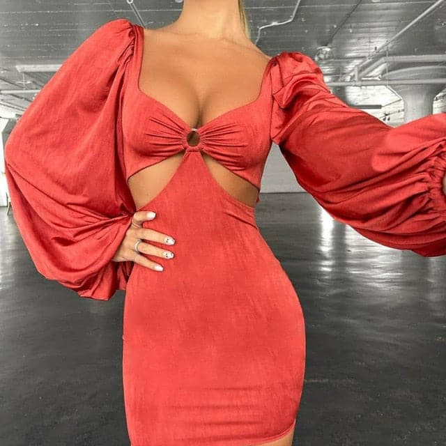 Sweetheart Twist Front Ruched Bell Sleeve Bodycon Mini Dress