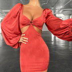 Sweetheart Twist Front Ruched Bell Sleeve Bodycon Mini Dress