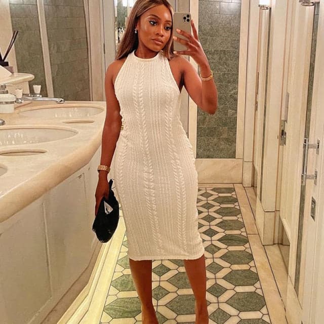 Cable Knit Sleeveless Crew Neck Braid Texture Bodycon Midi Dress