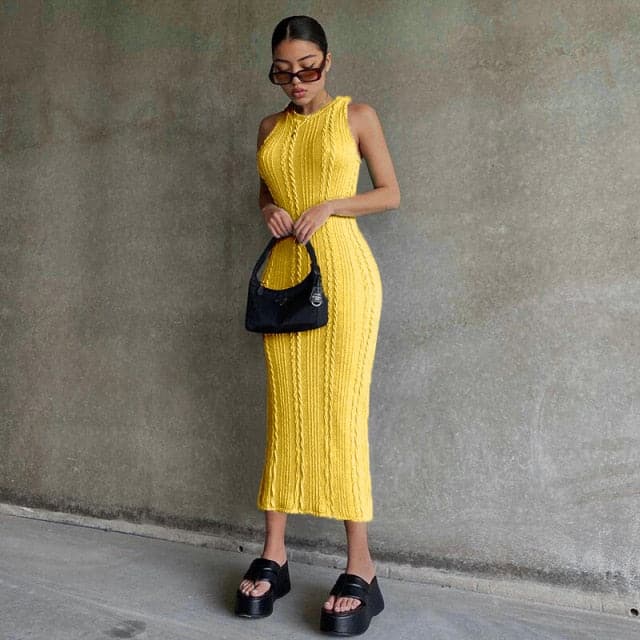 Cable Knit Sleeveless Crew Neck Braid Texture Bodycon Midi Dress