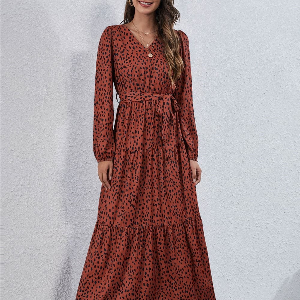 Print Tie Waist Tiered Long Sleeve Maxi Dress