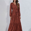 Print Tie Waist Tiered Long Sleeve Maxi Dress